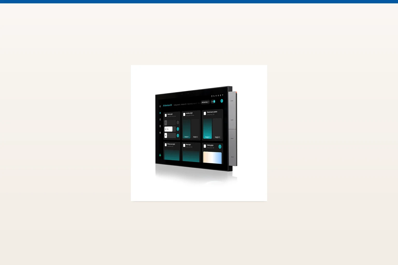 smart home control panel — MOES official product with illustrative scene background (not a real site photo)