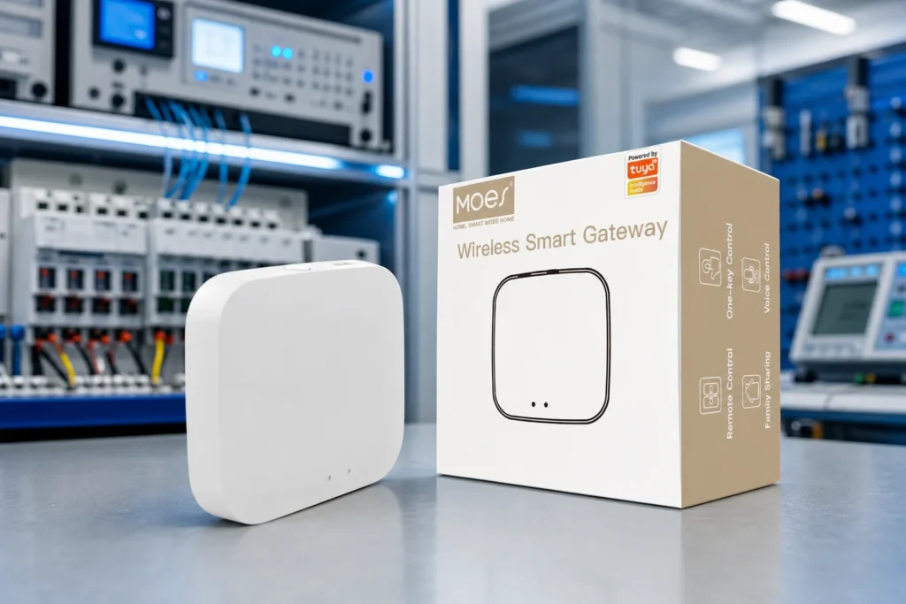 MOES gateway — official product photo with illustrative scene background (not a real site photo)