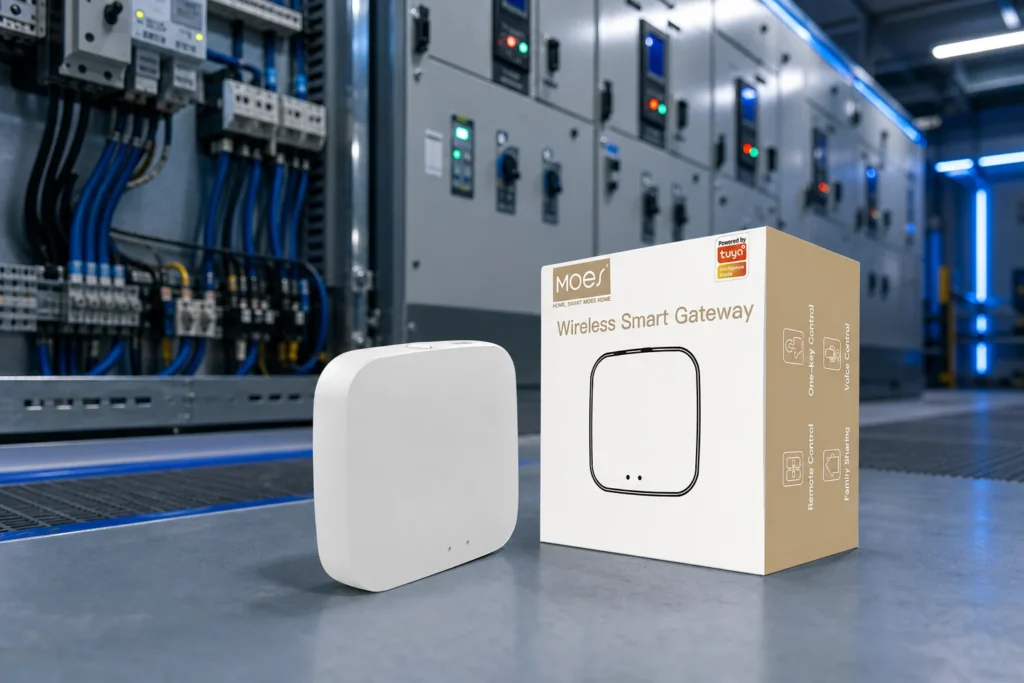 zigbee gateway — MOES official product with illustrative smart home background (not a real site photo)