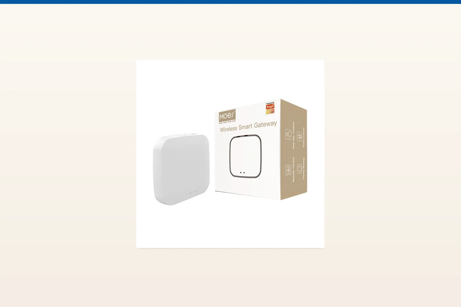 zigbee gateway — MOES official product with illustrative smart home background (not a real site photo)