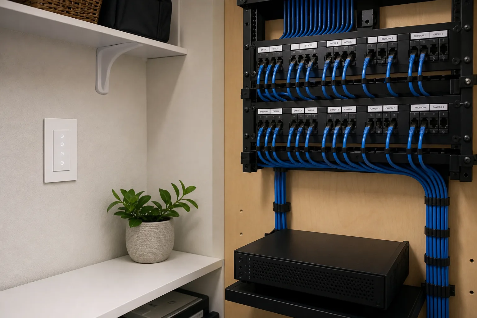 Labeled home-run cables landing in a central network closet for structured home automation wiring