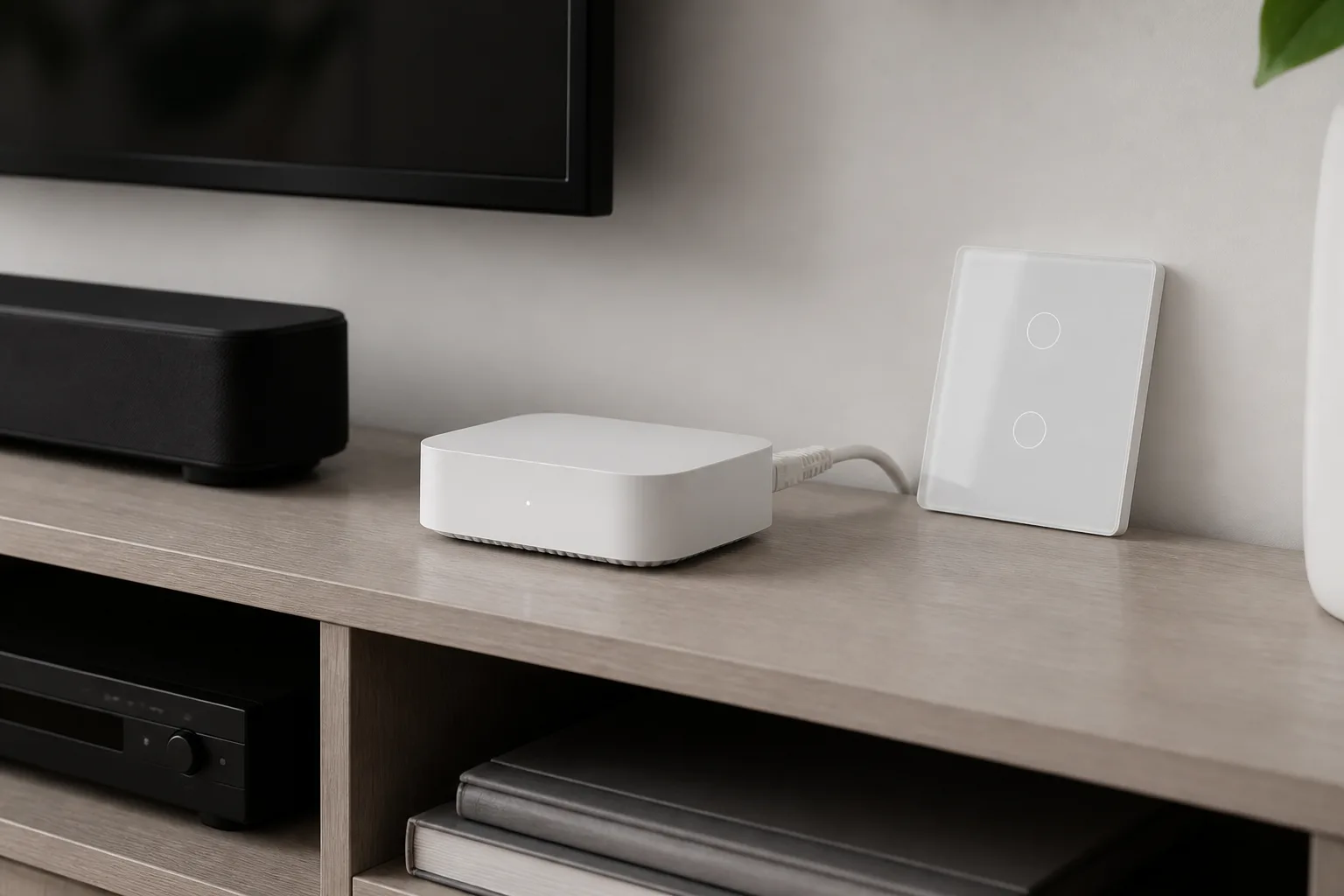 Central smart home hub placement with Ethernet and clear RF path away from metal cabinets