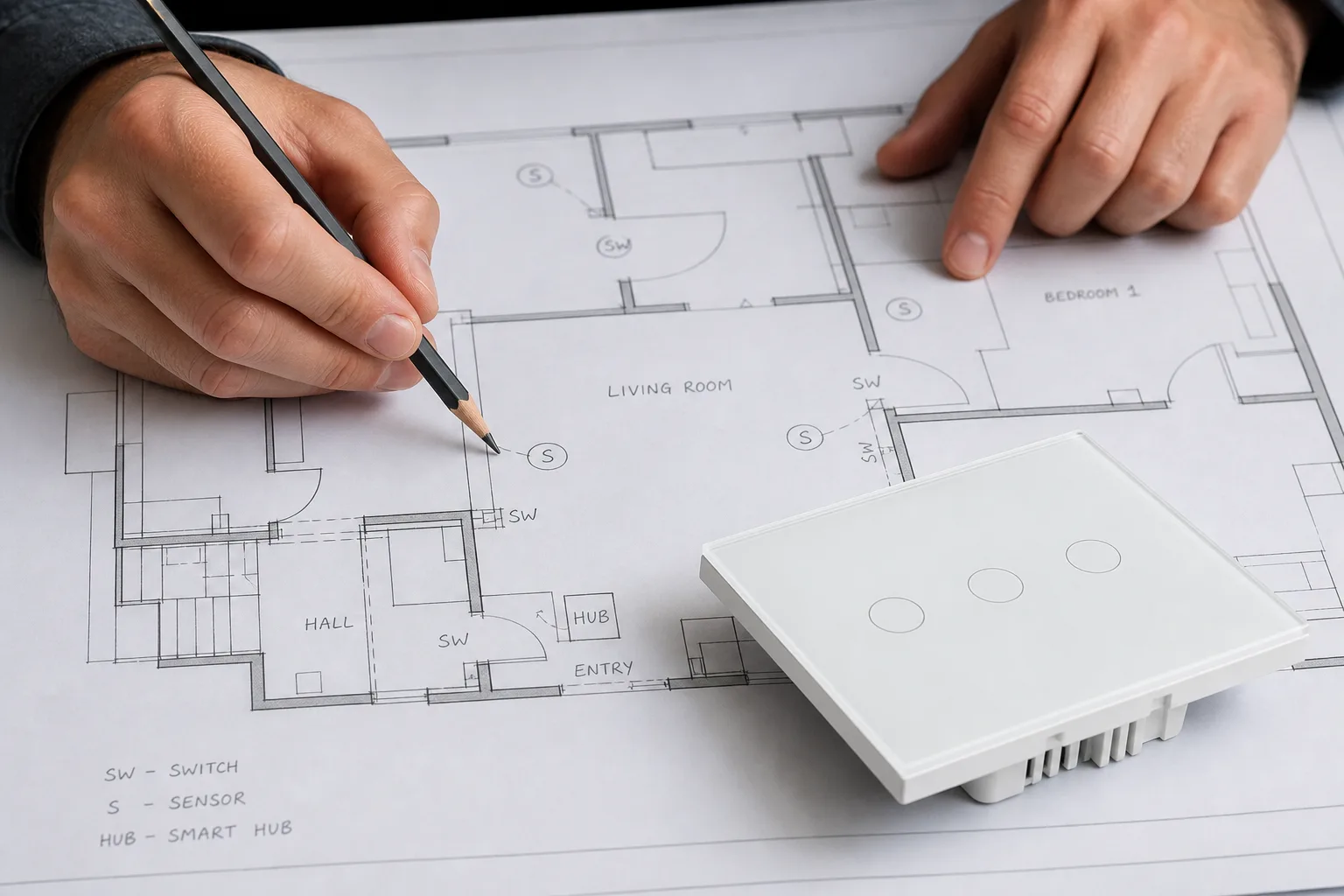Installer marking a floor-plan device map for switches, sensors, and hub location