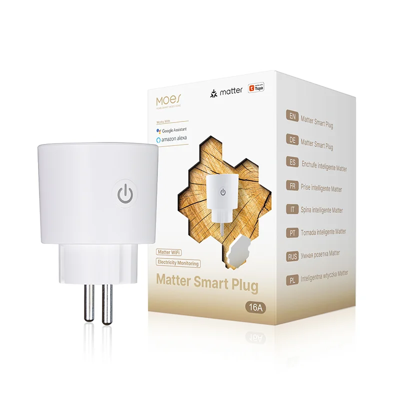 MOES Tuya Matter WiFi socket with energy monitoring for benefit packaging