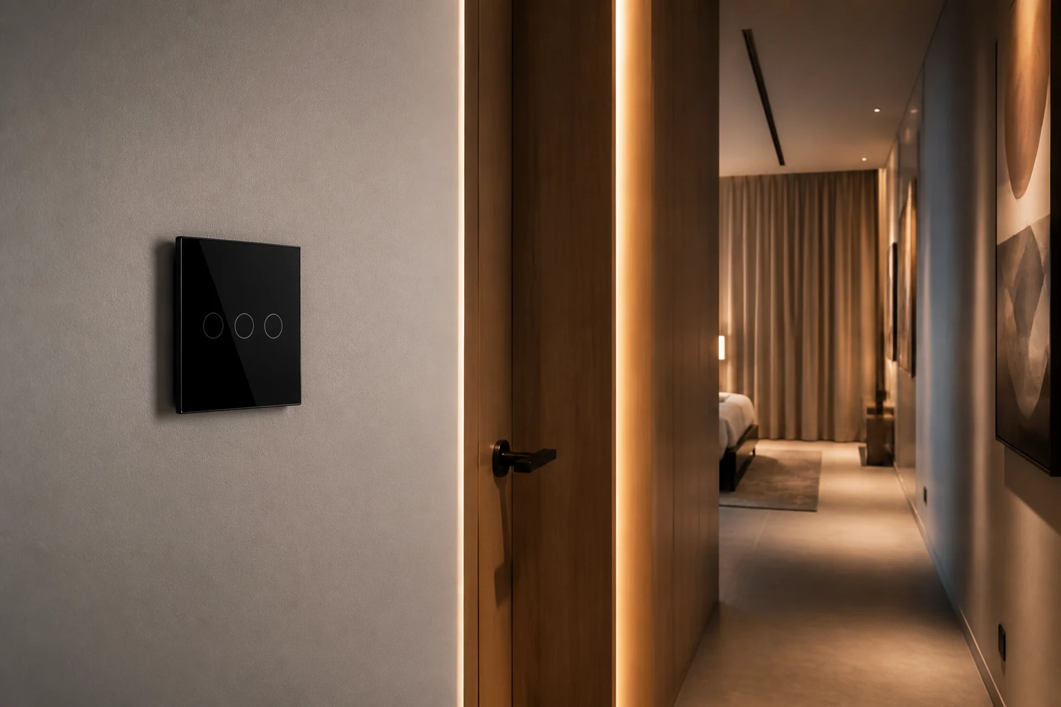 Glass smart wall switch installed in a residential corridor lighting scene