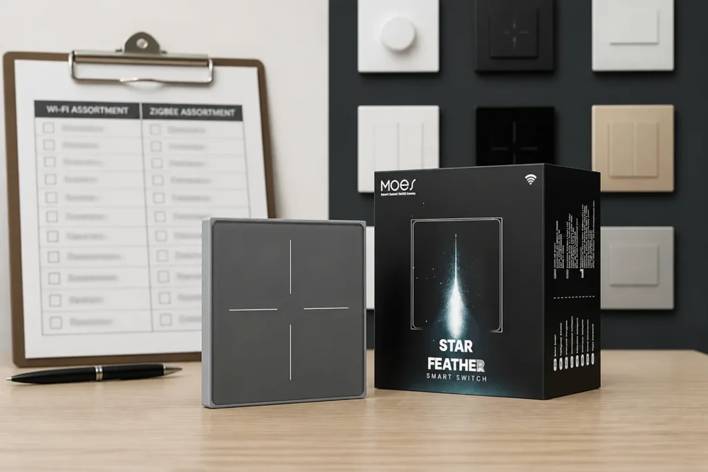 Channel RFQ desk with glass smart switch sample for Wi-Fi versus Zigbee selection