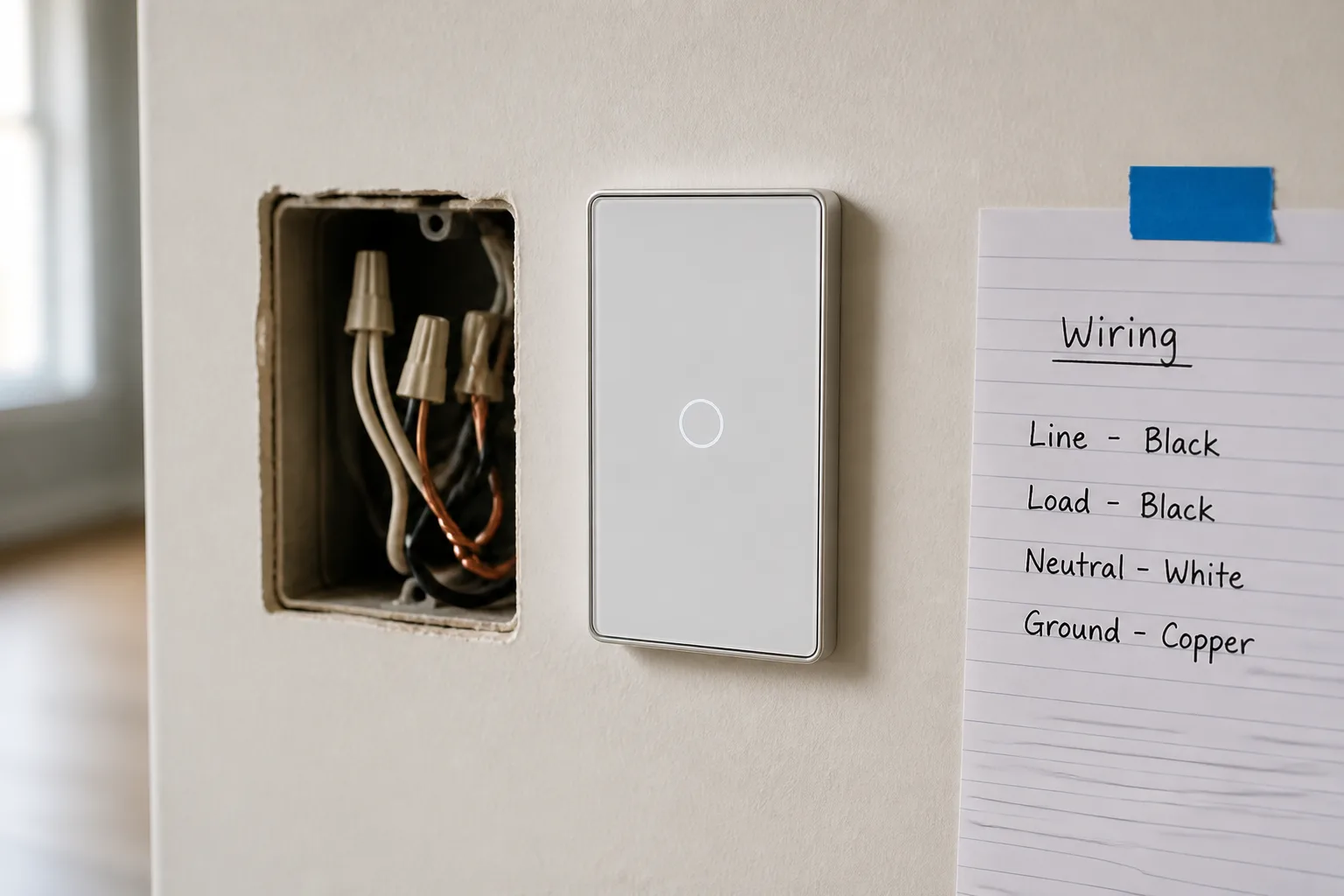 Smart wall switch frame for neutral and wiring documentation context