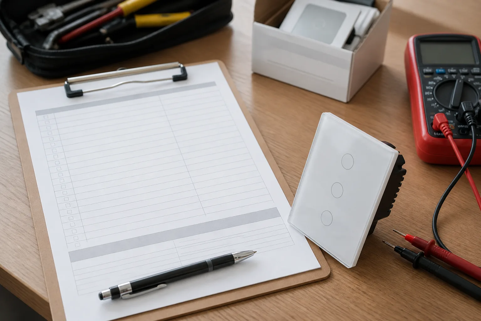 Project input checklist desk with glass smart wall switch sample