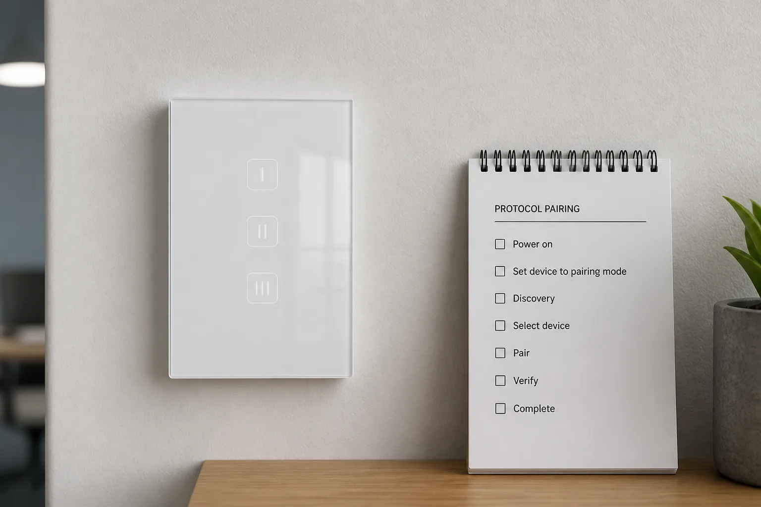 Smart wall switch frame for protocol and pairing notes
