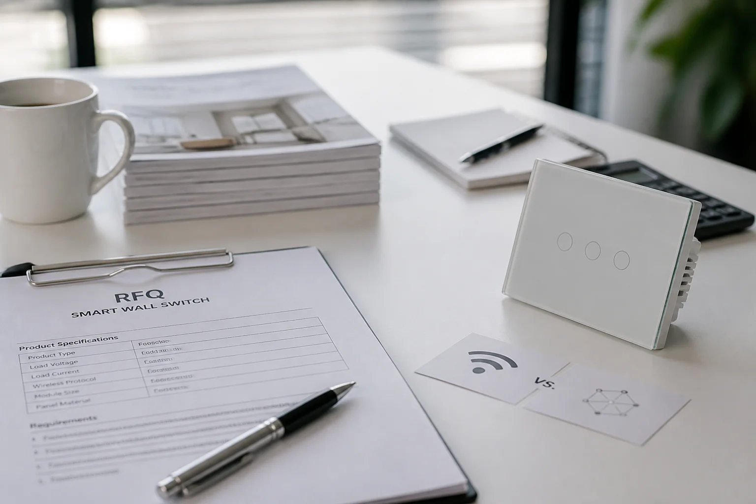 Channel RFQ desk with glass smart switch sample for assortment decisions
