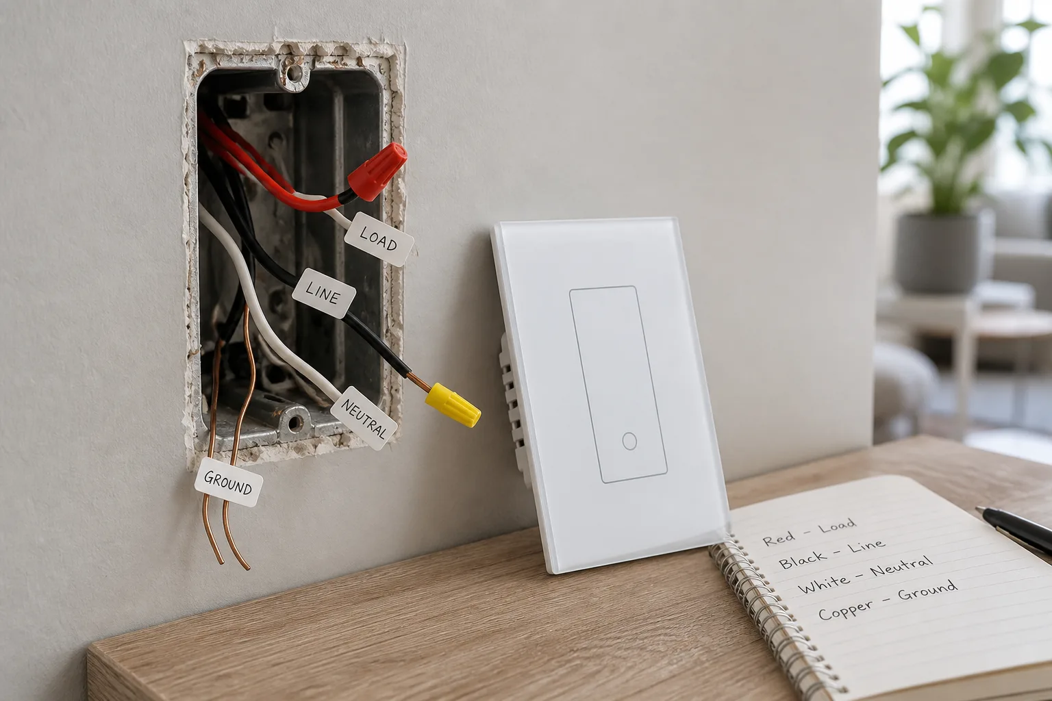 Wall smart switch sample beside documented wiring context for install planning