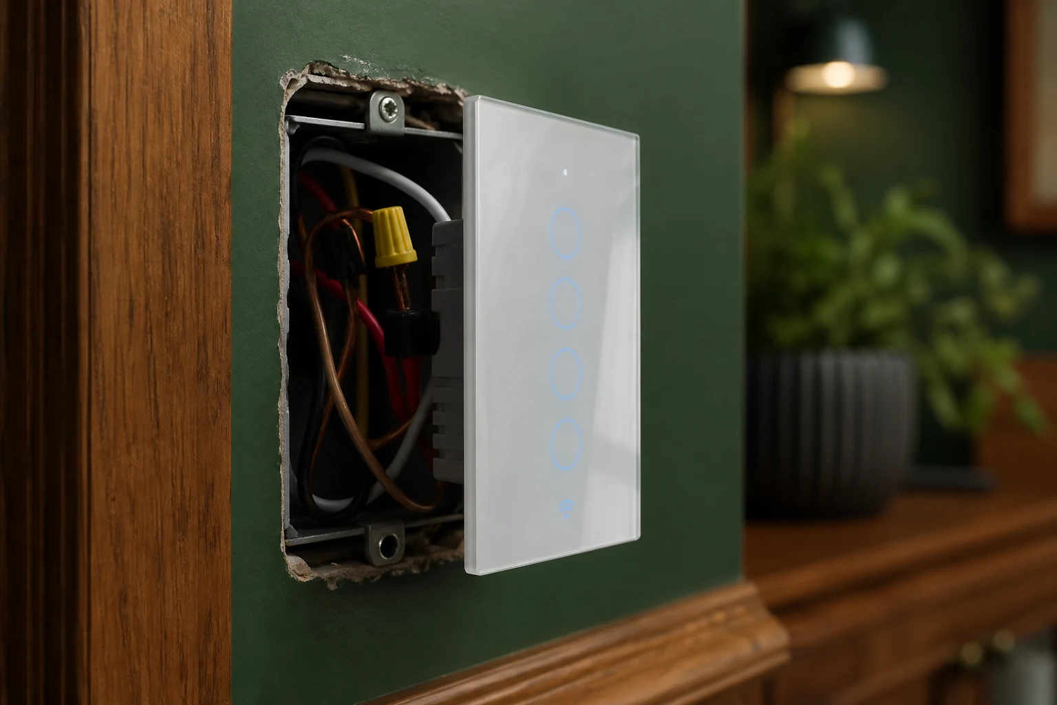 Smart wall switch pulled from box showing line load neutral and ground conductors