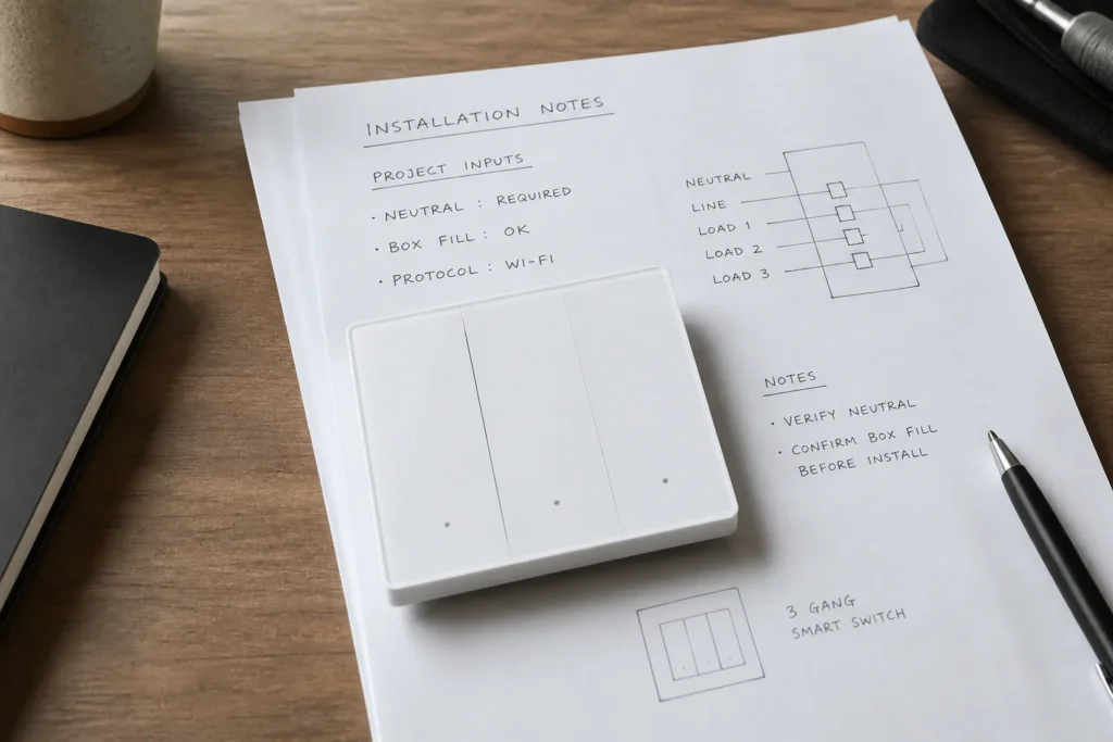 Smart wall switch sample used while documenting installation project inputs