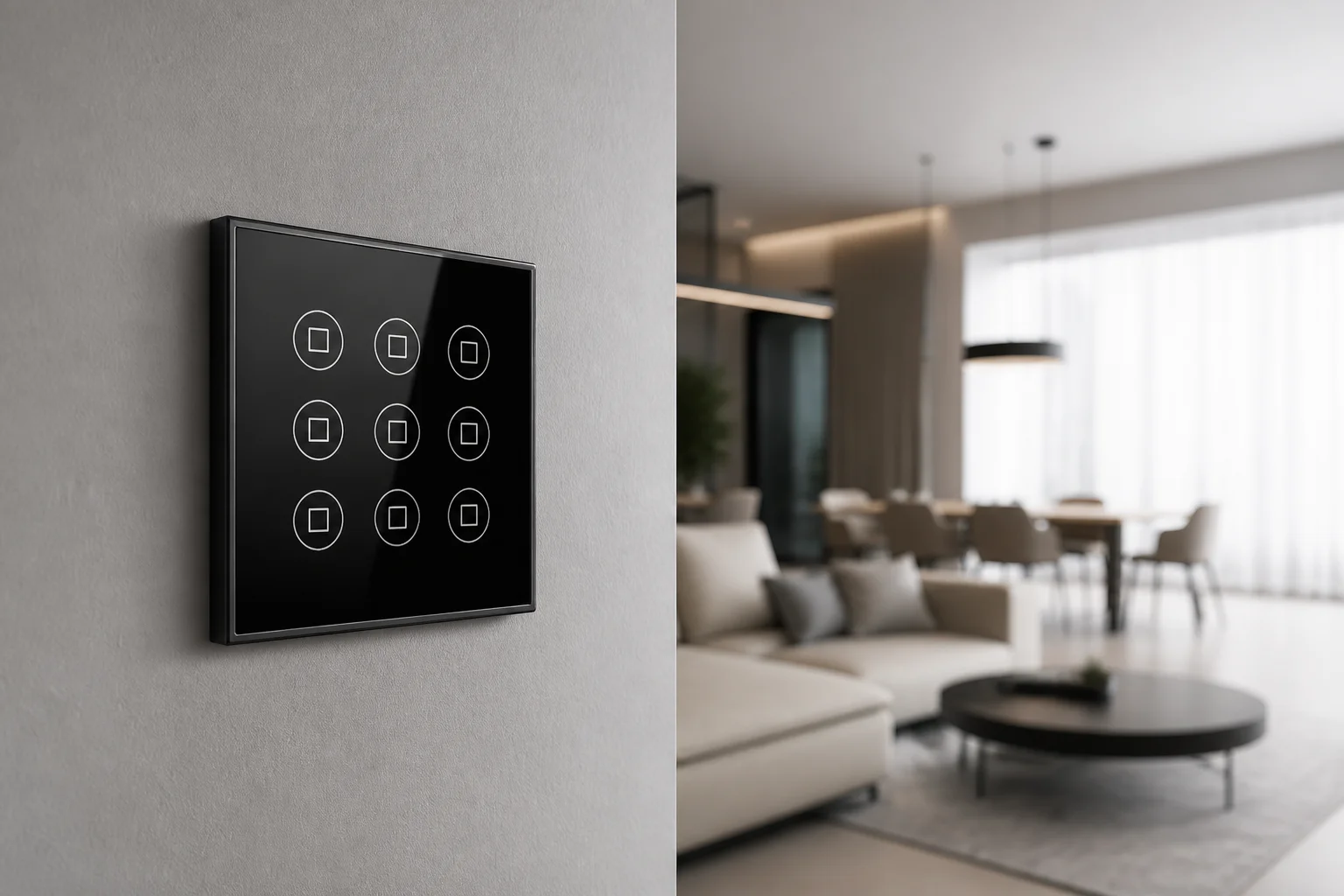 Smart home applications featured scene with glass wall switch sample for channel RFQ