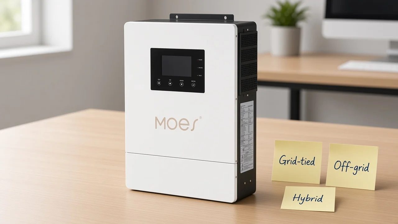 Hybrid solar inverter beside Grid-tied, Off-grid, and Hybrid labels on a buyer desk