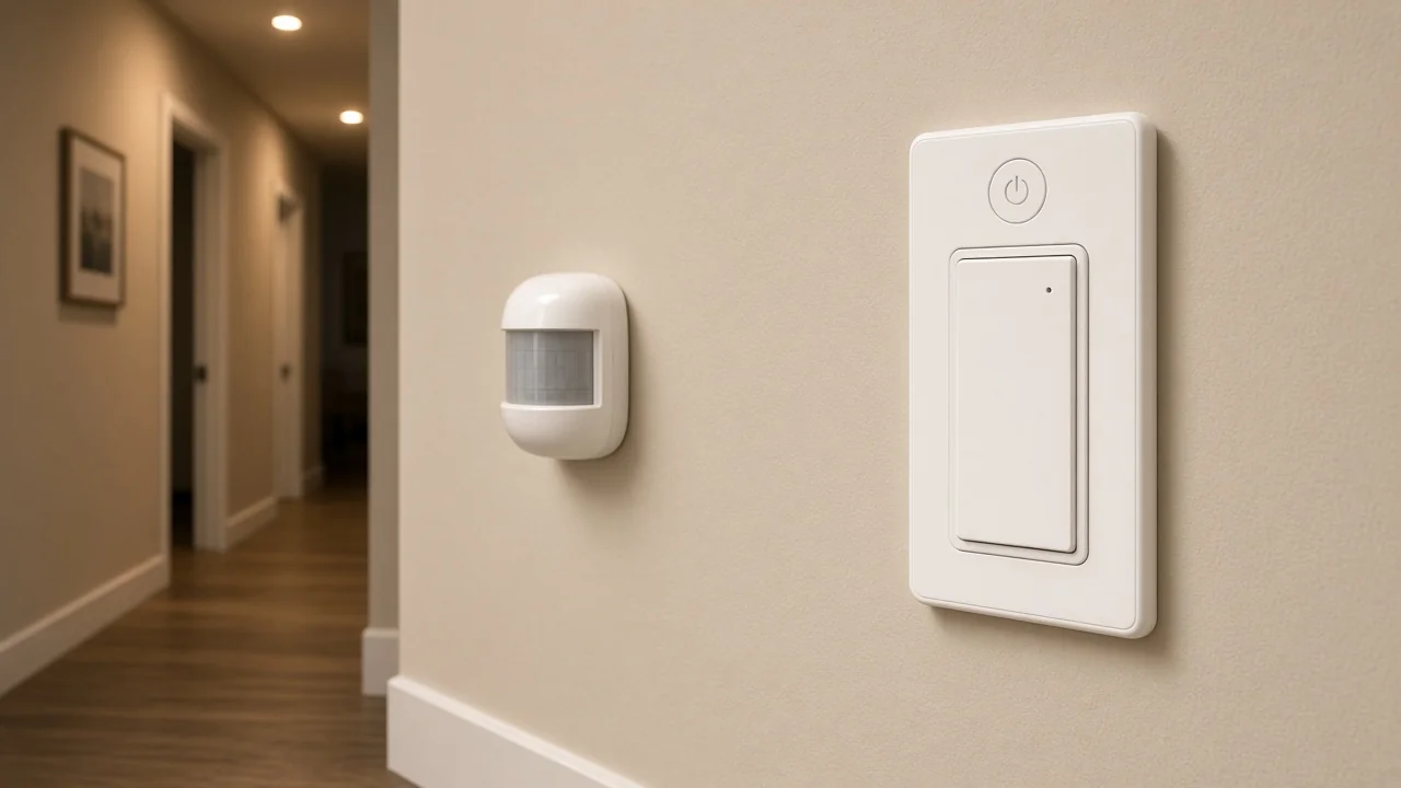 Hallway US smart wall switch near an occupancy sensor suggesting a motion-triggered lighting automation