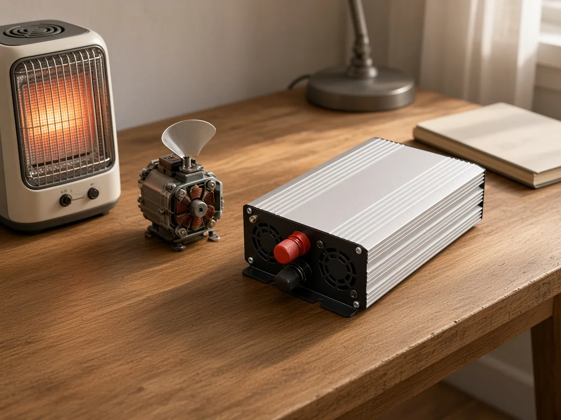 Same inverter on a desk beside a heater and a fan