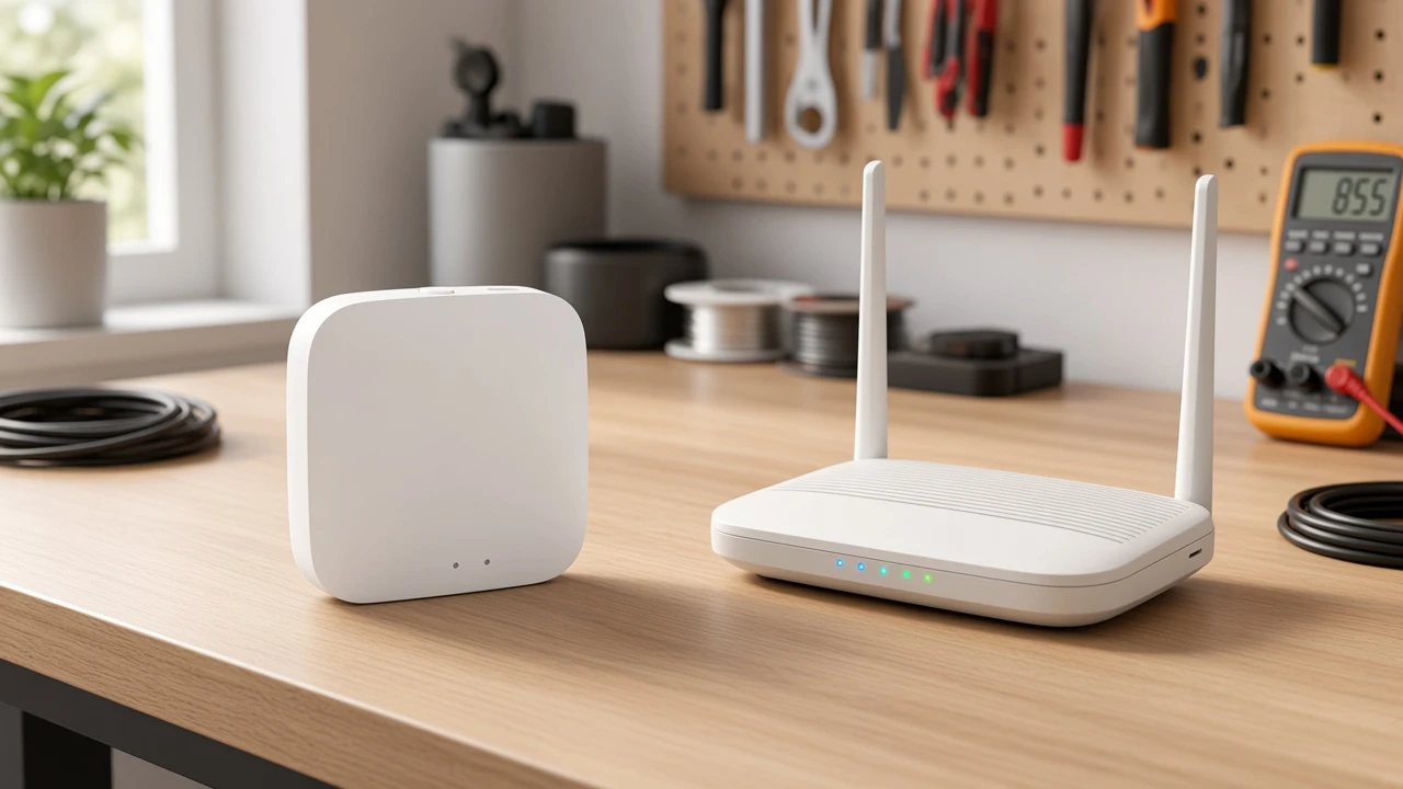 ZigBee gateway hub beside a Wi-Fi access point on an installer bench for role contrast