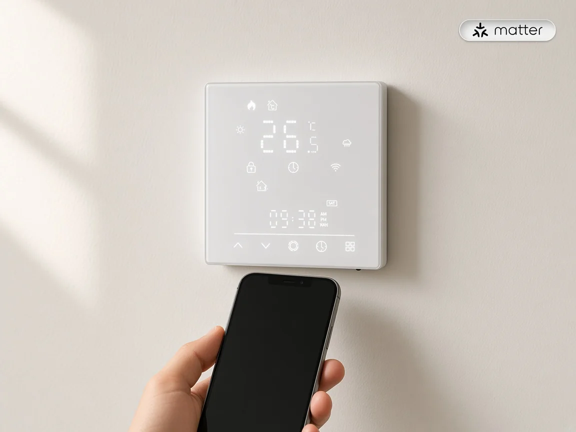 Phone held near a Matter thermostat for commissioning