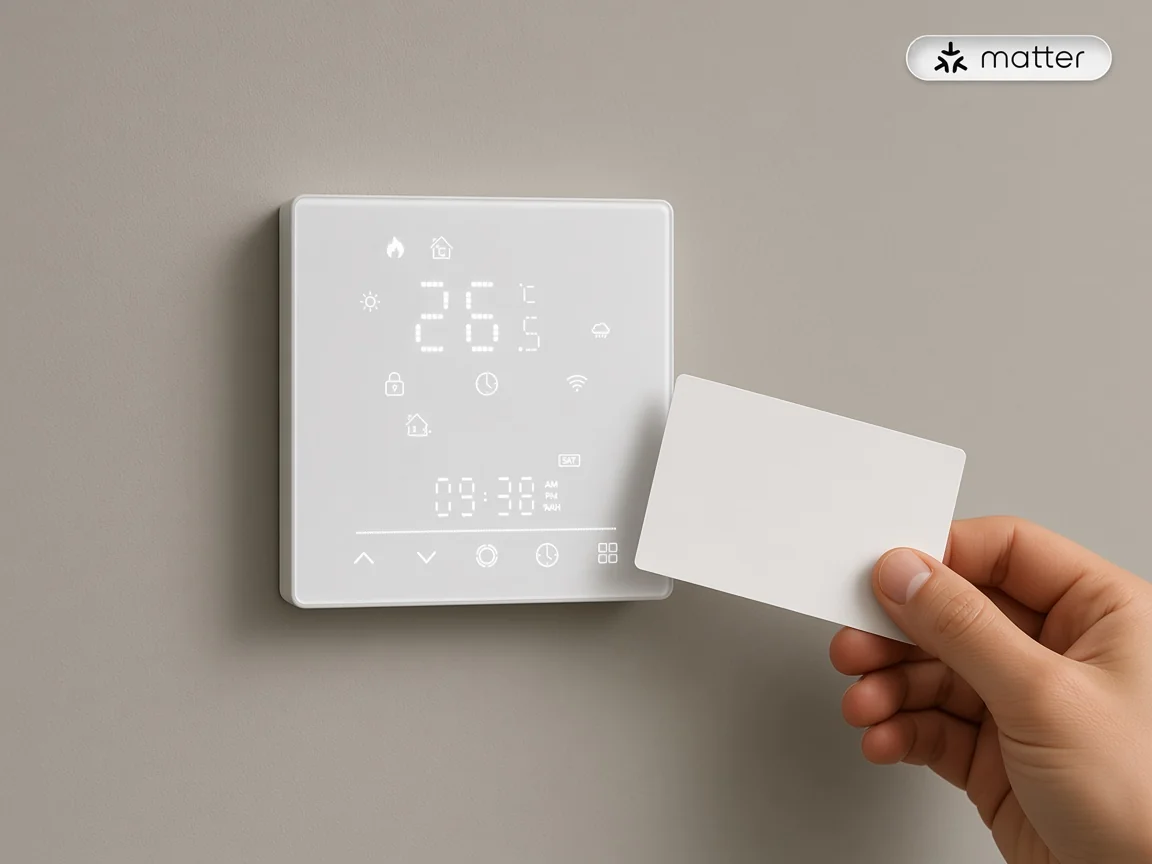 Matter thermostat on a wall while the controller and fabric are noted