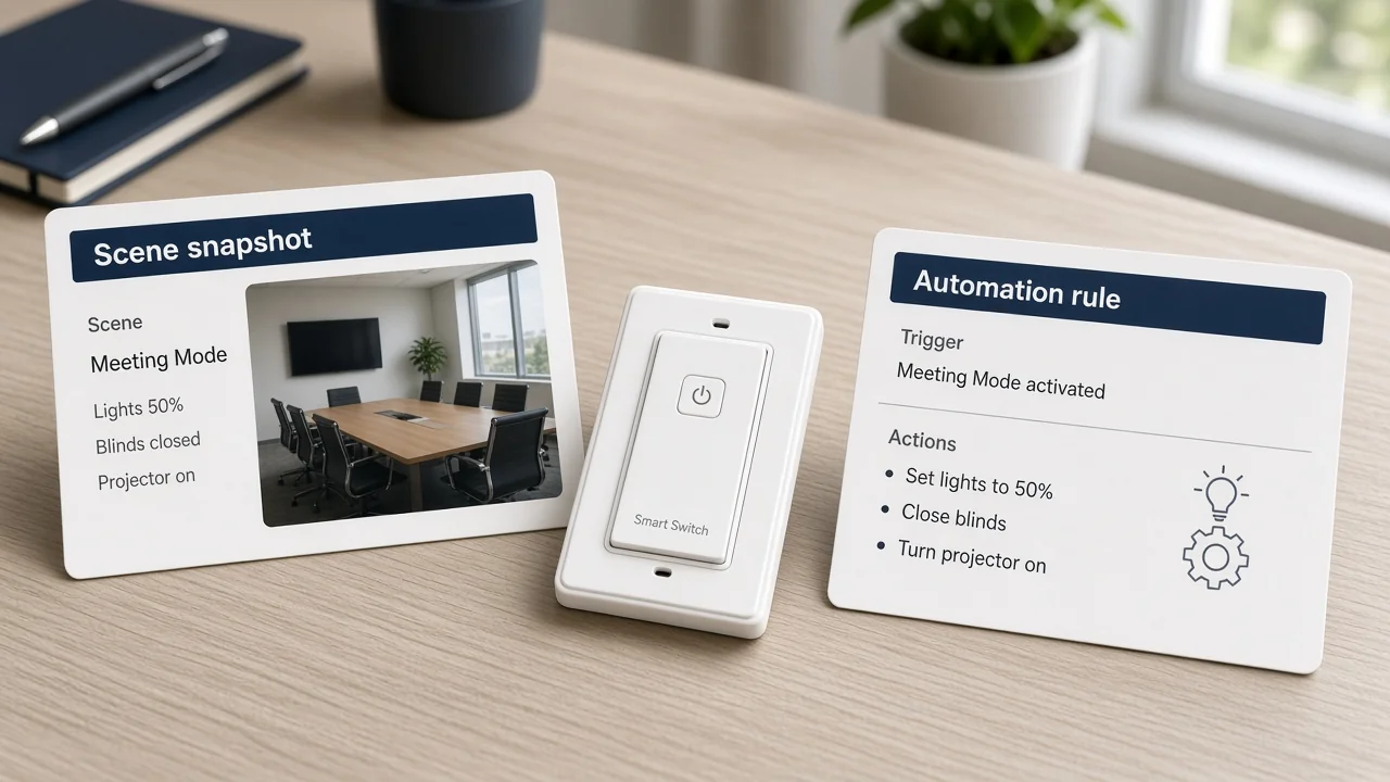 Printed cards contrasting a scene snapshot with an automation rule beside a US smart wall switch
