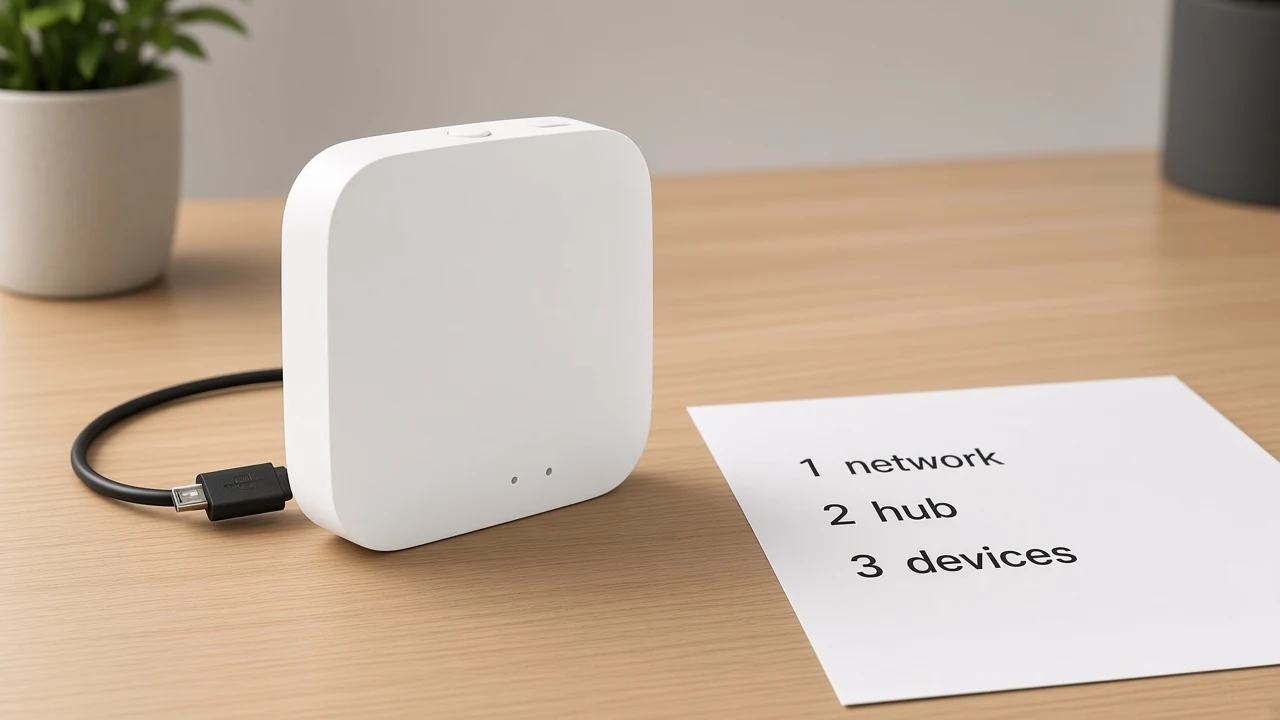 Hub and checklist showing commissioning order for a first smart-home kit