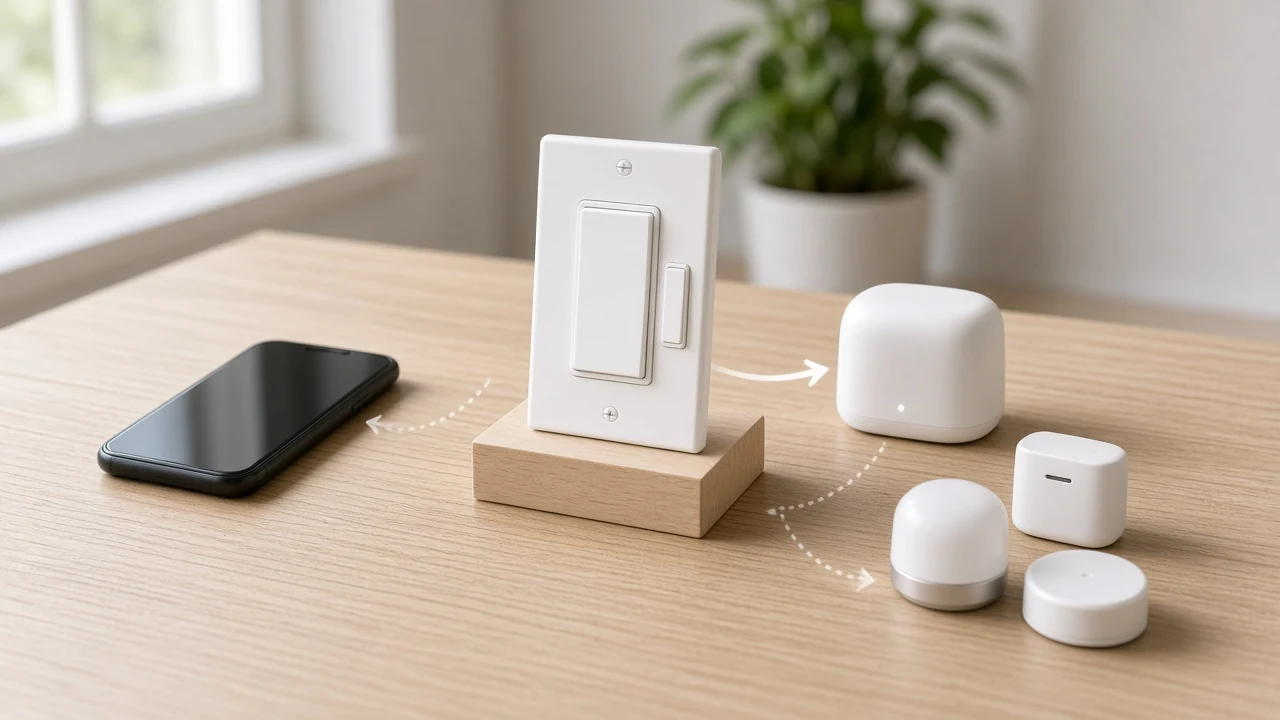 Connected devices around an app and hub illustrating a smart home system