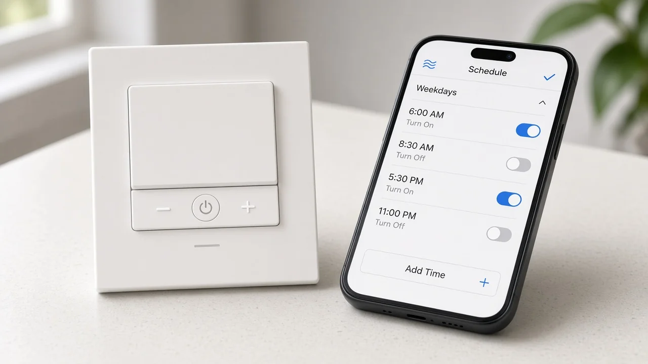 Smart wall switch beside a phone schedule screen for day-to-day lighting control
