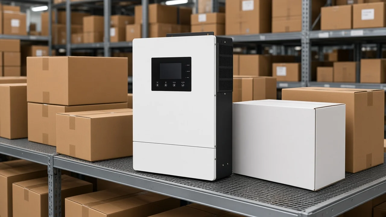Hybrid solar inverter on a distributor stockroom shelf