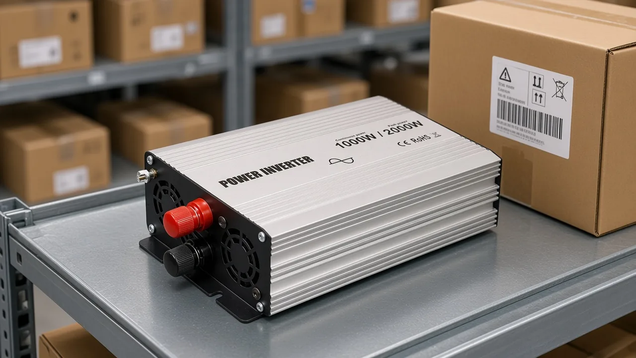 Inverter on a distributor shelf beside packed cartons