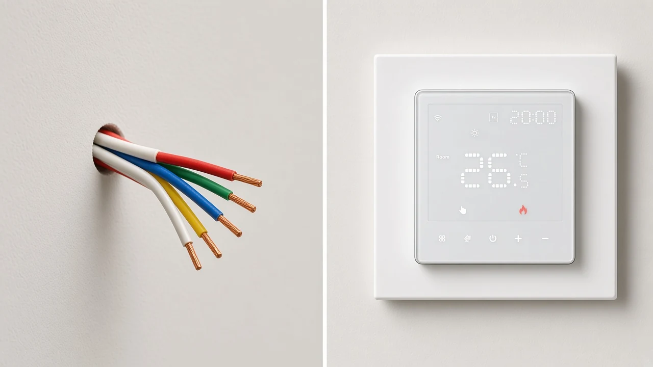 Contrast of low-voltage C-wire thermostat cables beside a line-voltage wall thermostat on a clean plate