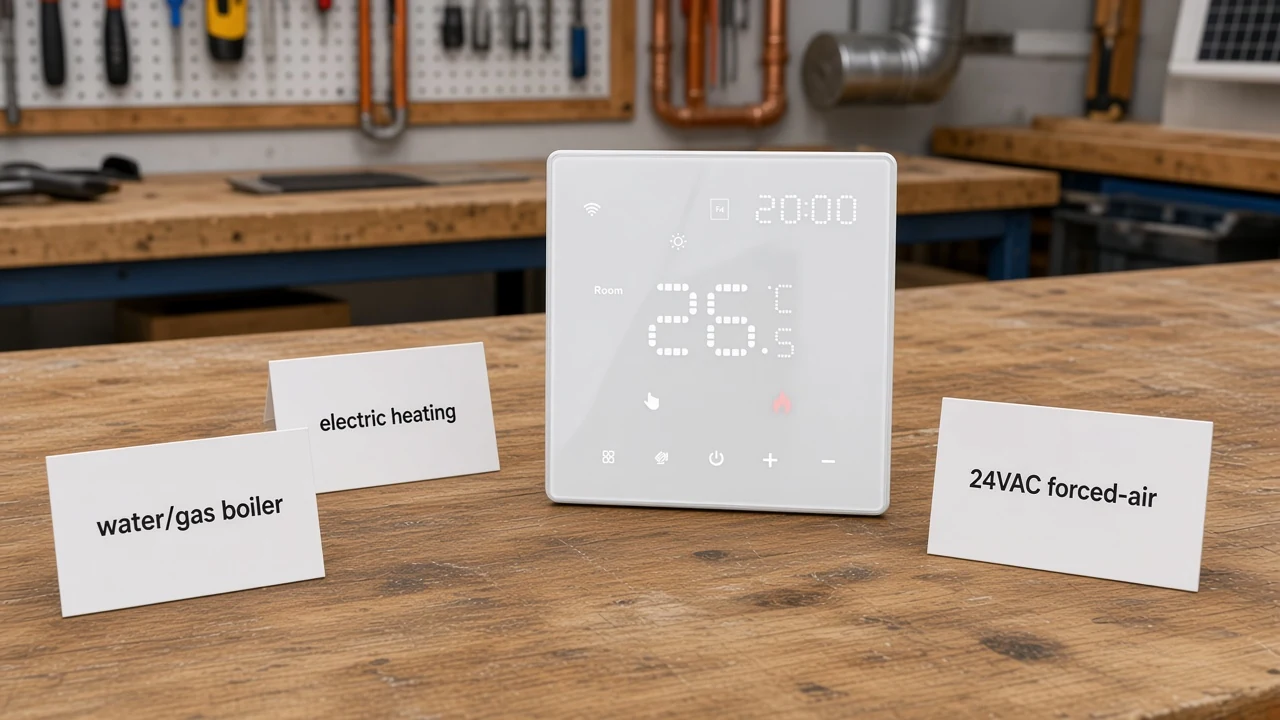 Workbench cards for water boiler, electric heating, and 24VAC forced-air next to a white smart thermostat
