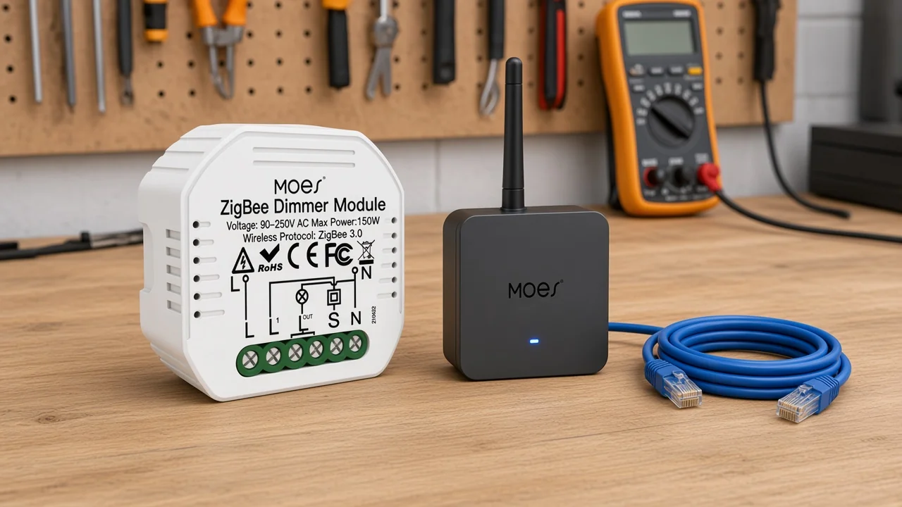 ZigBee dimmer module beside a hub on an installer bench