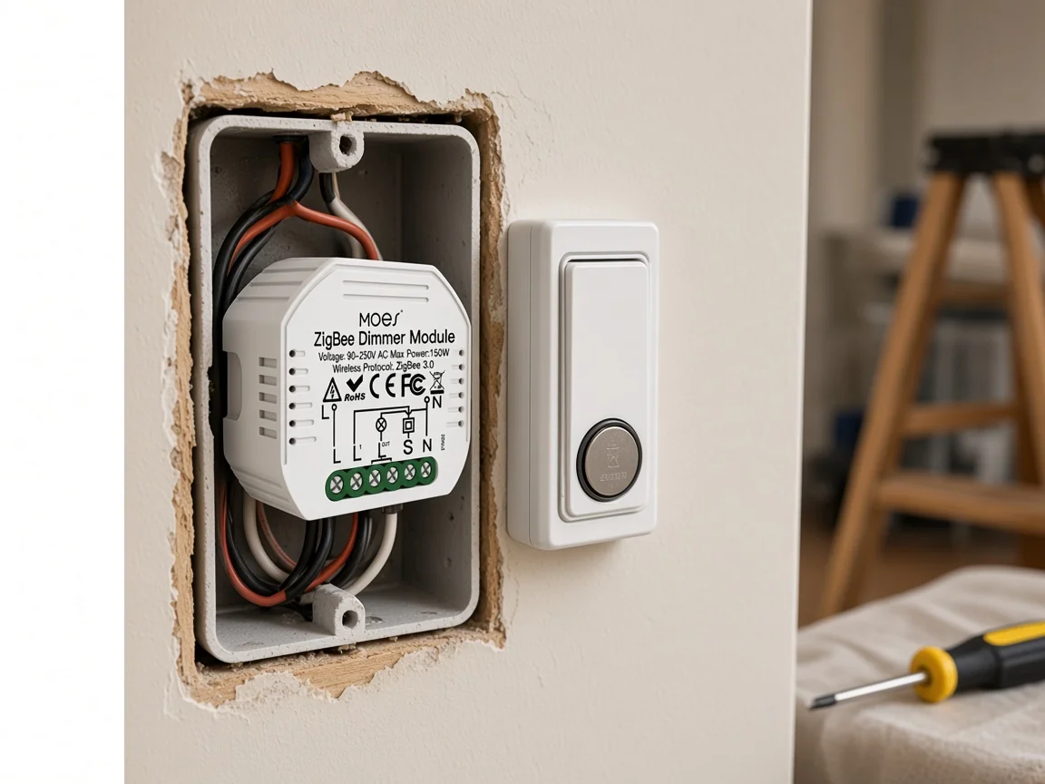 In-wall ZigBee module near a battery sensor showing sleepy end-device context