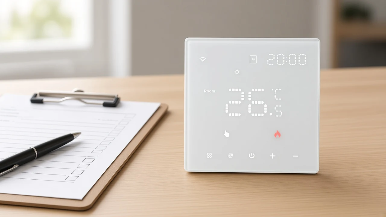 Installer documentation desk for smart home thermostat installation project inputs with a white programmable wall thermostat and checklist