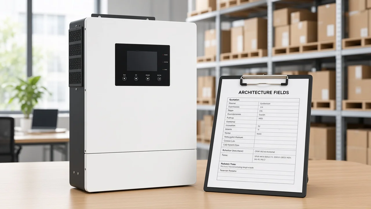 Hybrid solar inverter on a B2B buyer desk beside an RFQ clipboard