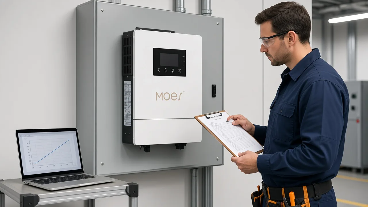 MOES hybrid inverter on wall with technician commissioning clipboard
