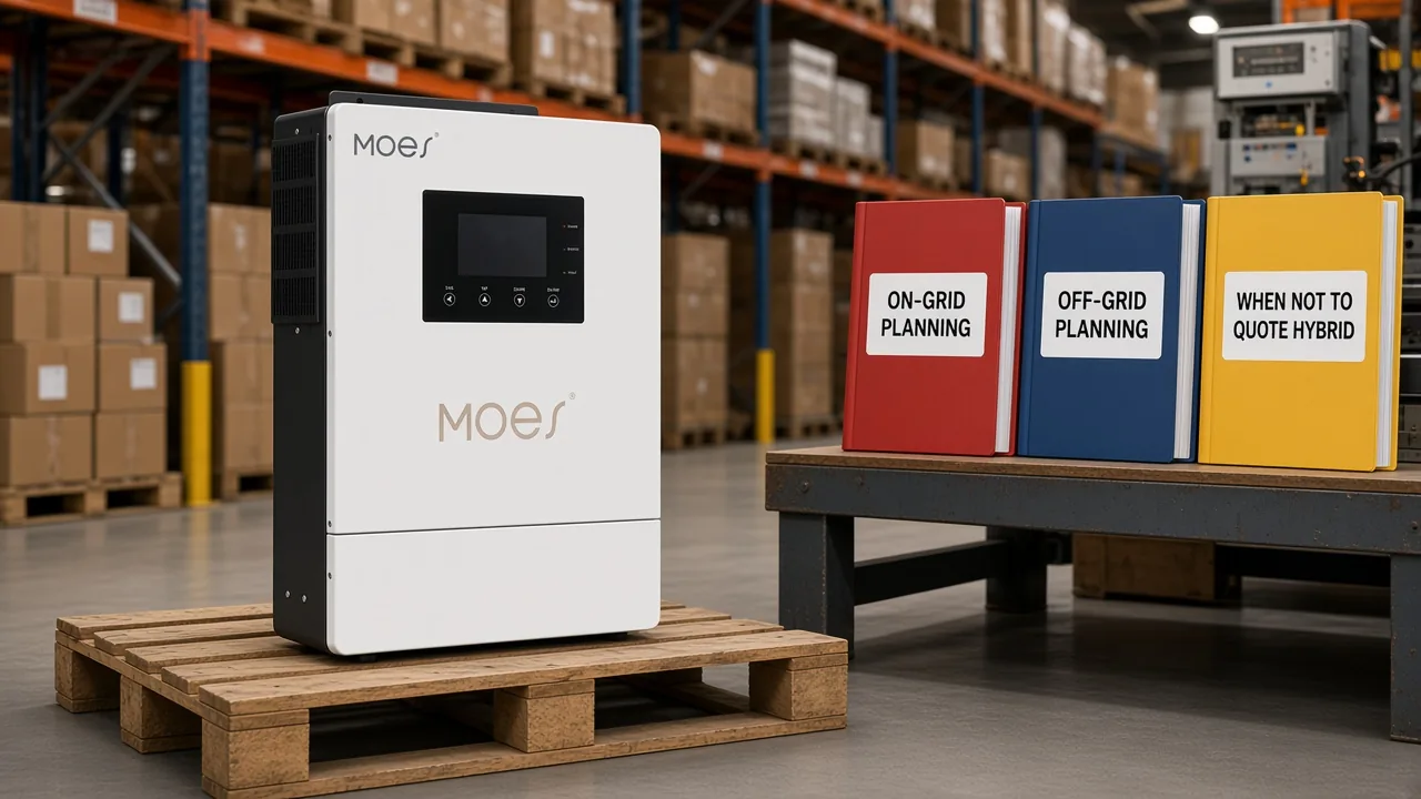 MOES hybrid inverter in warehouse with when-not-to-quote planning folders
