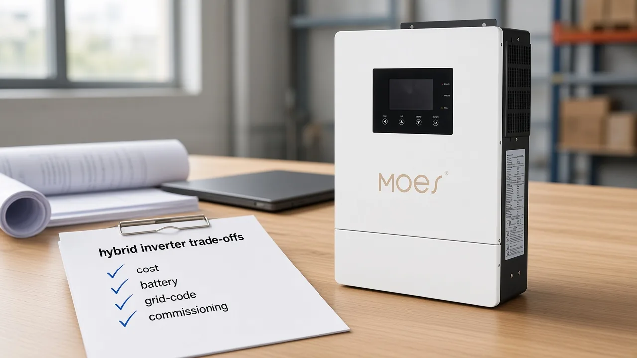 MOES hybrid solar inverter on engineer desk with hybrid trade-off RFQ checklist