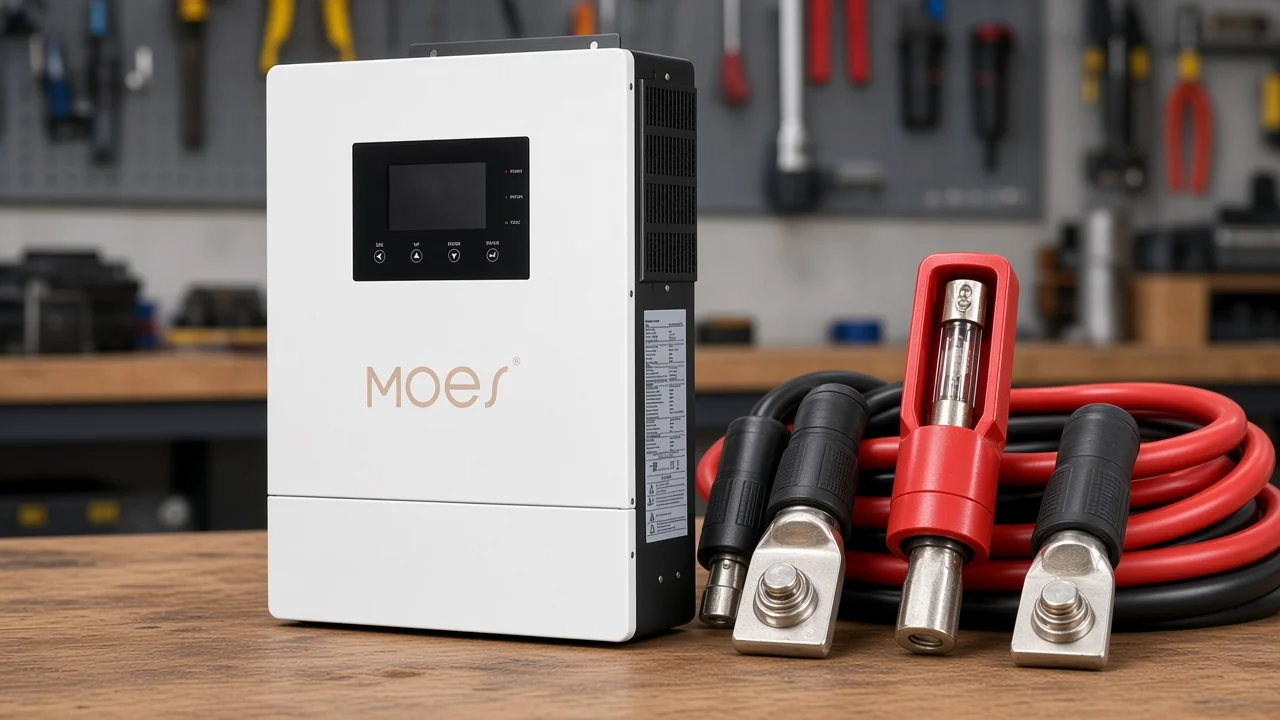 MOES hybrid inverter with DC battery cables illustrating surge delivery path