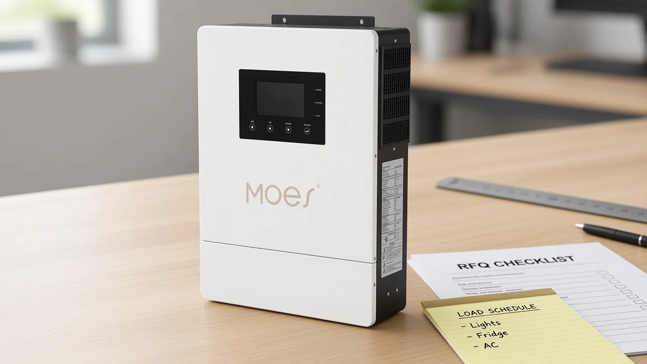 MOES hybrid solar inverter on engineer desk with power inverter sizing RFQ checklist