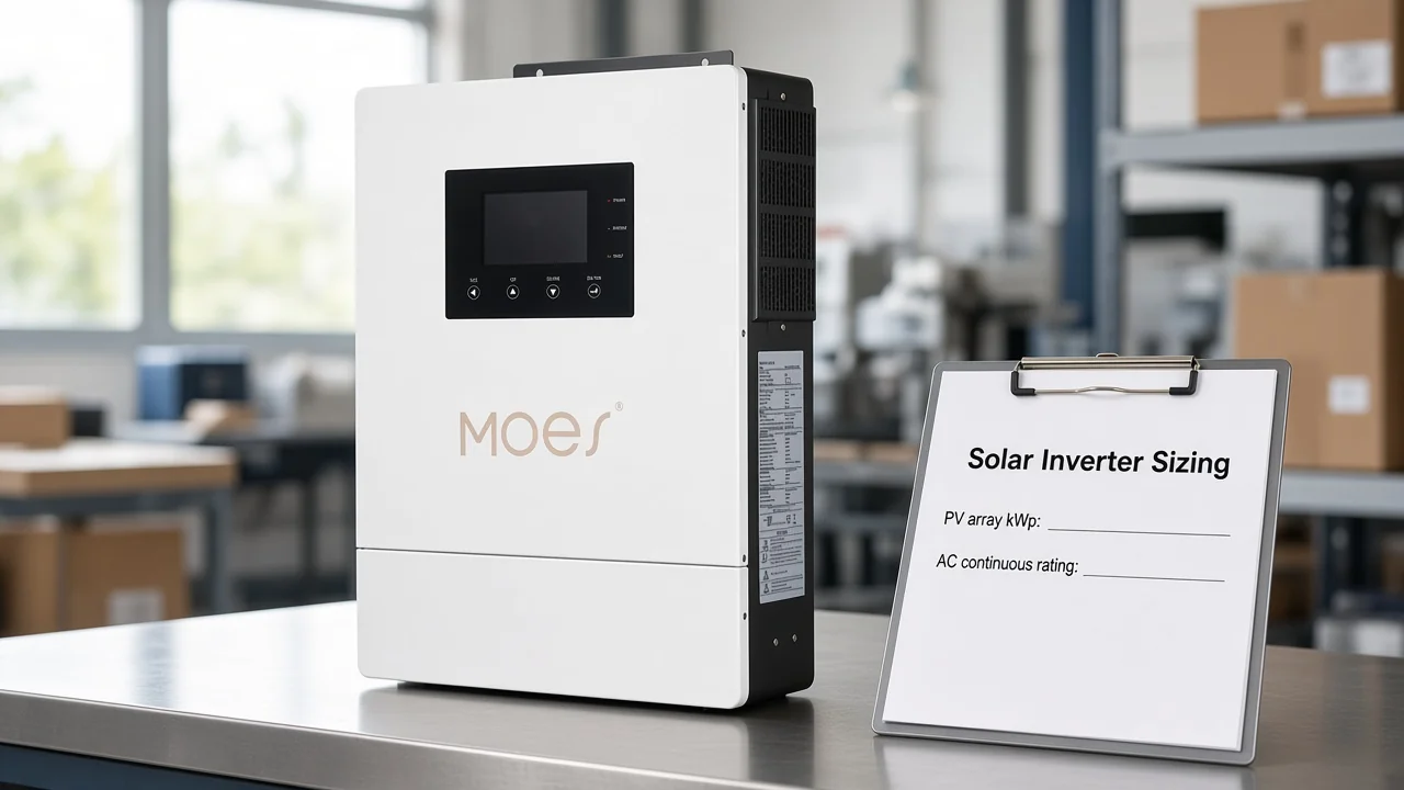 MOES hybrid solar inverter on engineer desk with solar inverter sizing RFQ checklist