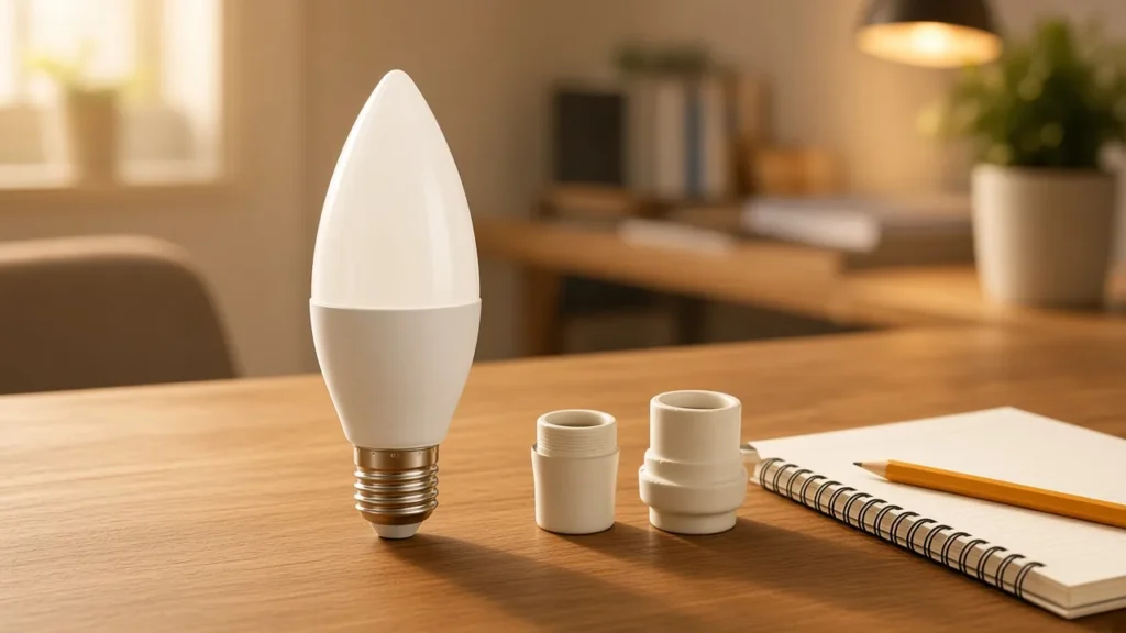 Candle lamp on a desk beside two unmarked sockets for a size check