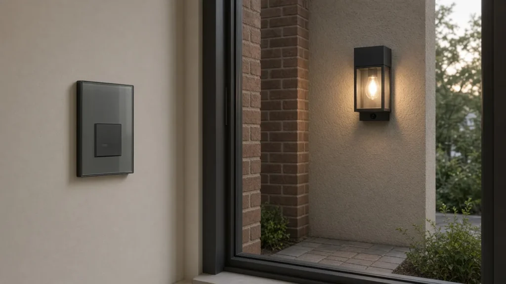 Outdoor wall fixture beside a glass wall switch during an outdoor light sensor check