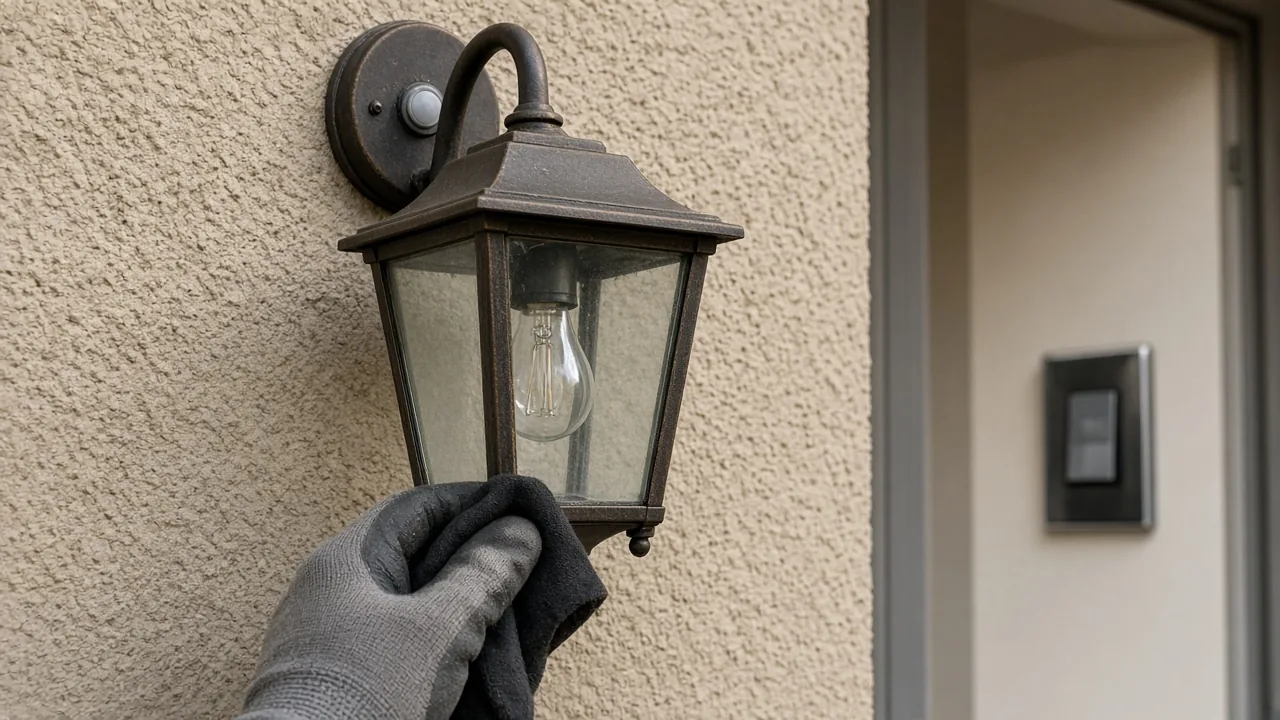 Gloved hand covering an outdoor lantern while a wall switch waits indoors