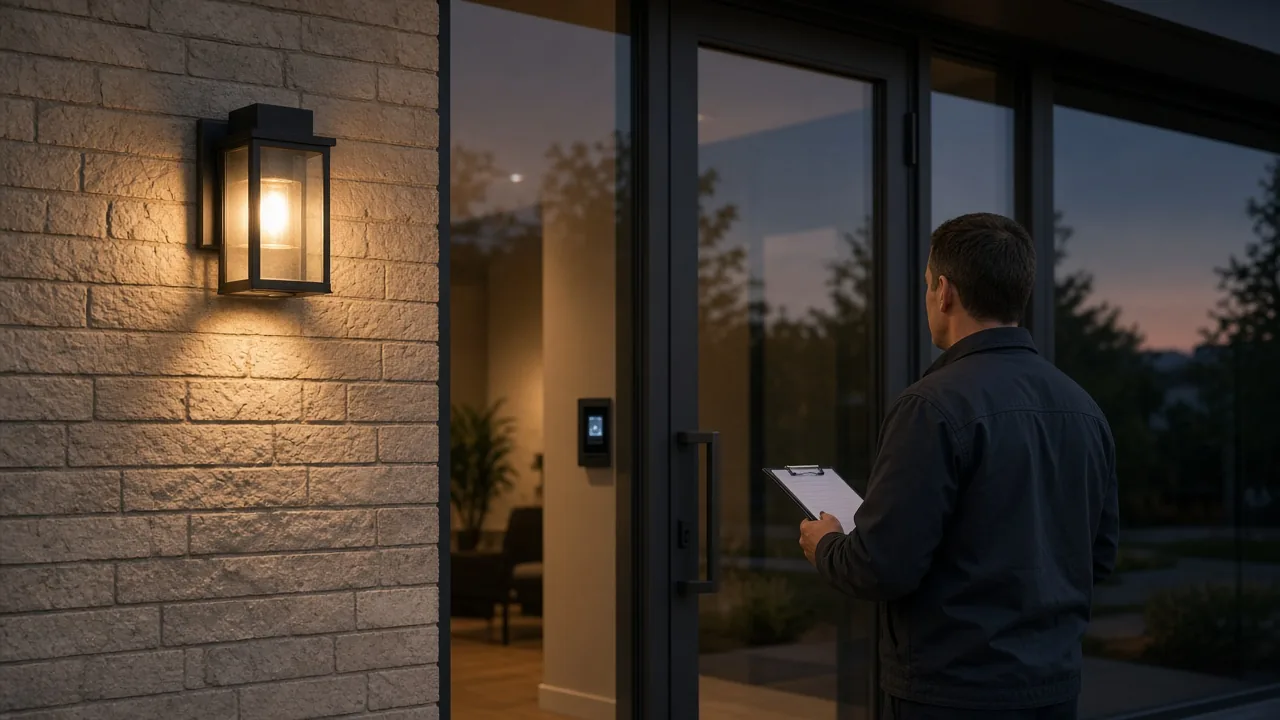 Dusk outdoor fixture with a support clipboard and an indoor wall switch