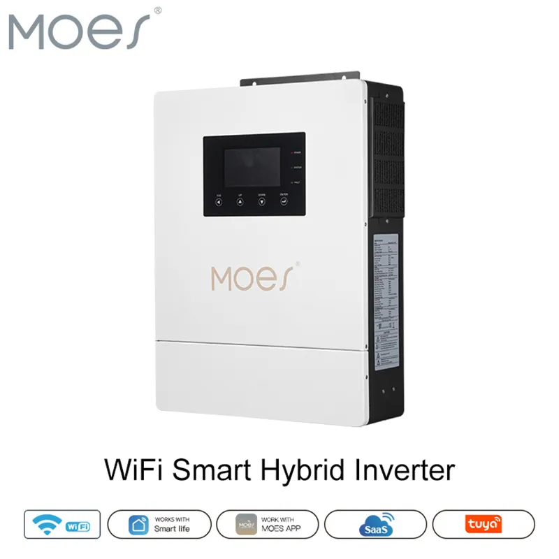 MOES WiFi Smart Hybrid Solar Inverter recommended for an off-grid project brief, shown with its wall-mount enclosure and control panel