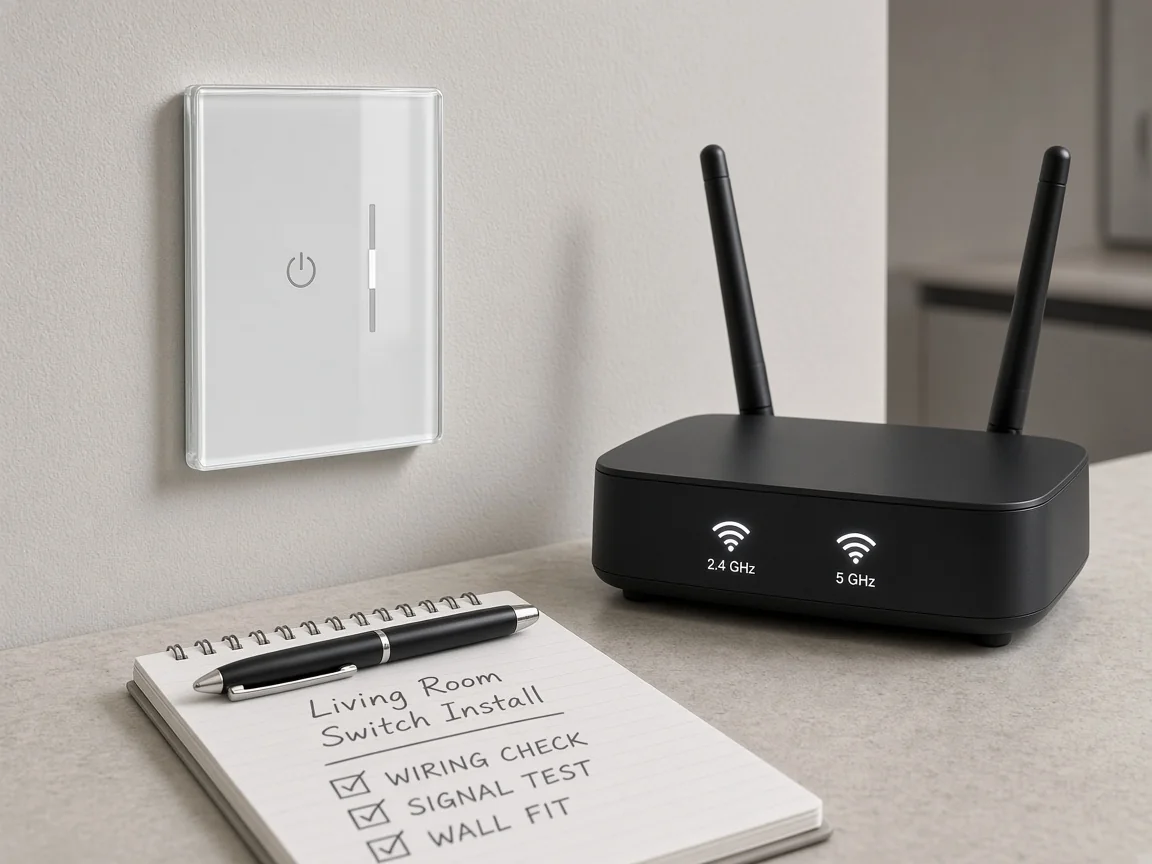 Smart wall switch beside a dual-band router used to check 2.4 GHz versus 5 GHz pairing