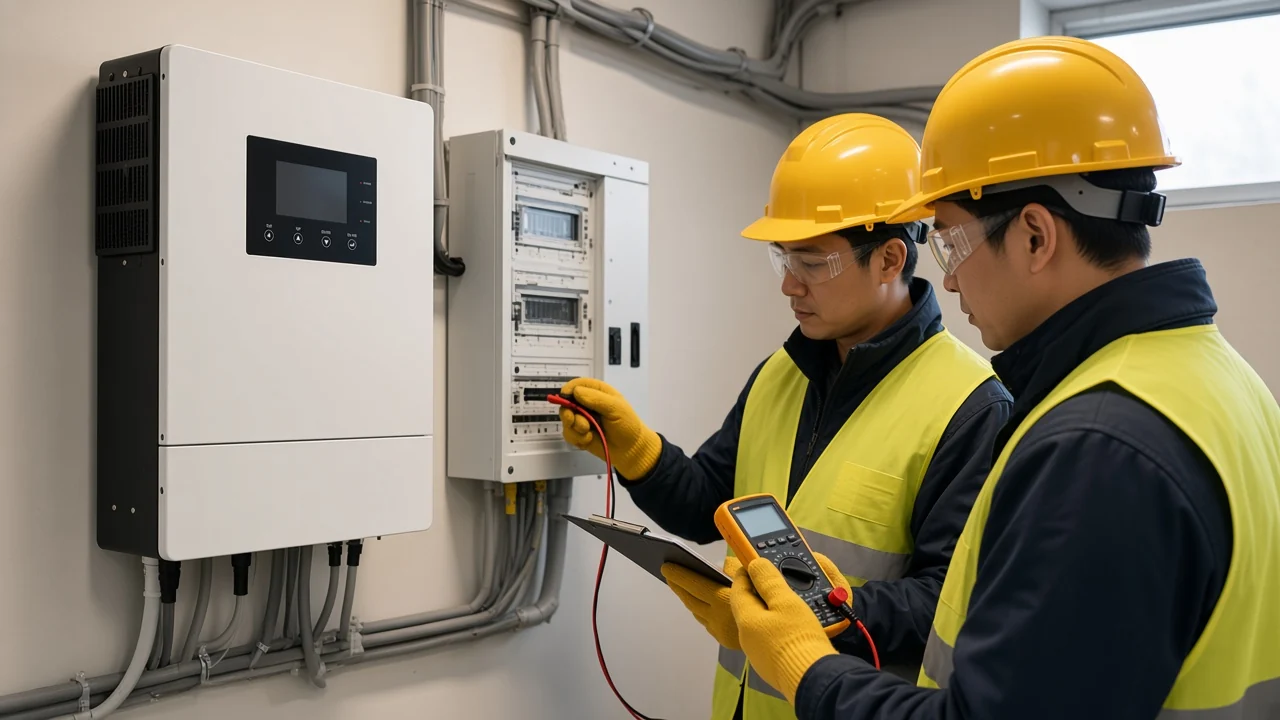 Qualified electricians taking a measurement at an opened AC distribution board beside a MOES WiFi smart hybrid solar inverter