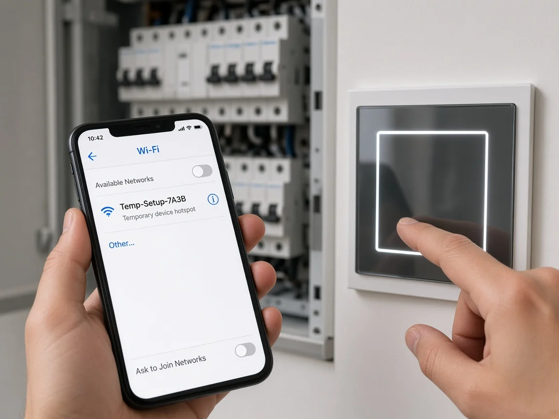 Phone joining a temporary AP-mode hotspot while pairing a glass smart wall switch